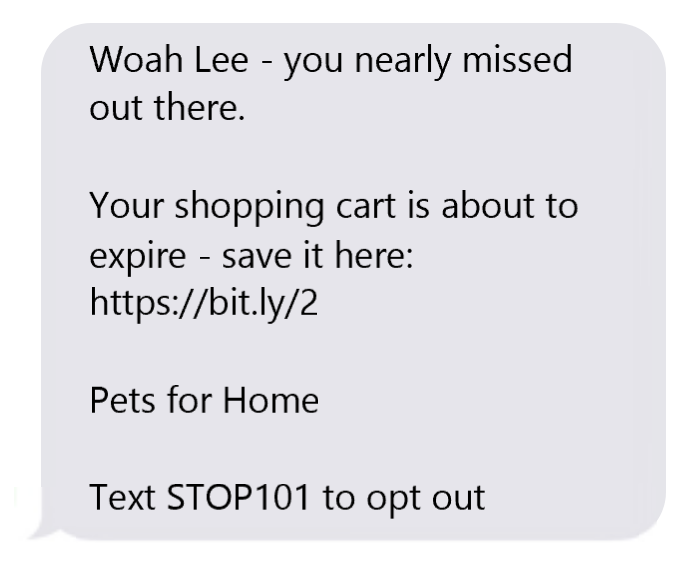 abandoned cart sms example 2