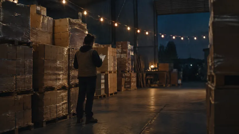 Worker with a clipboard checking stacked cardboard boxes in a warehouse lit by string lights at dusk