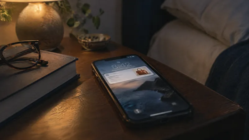 Phone on a bedside table showing a shopping page, reading glasses and a book beside it