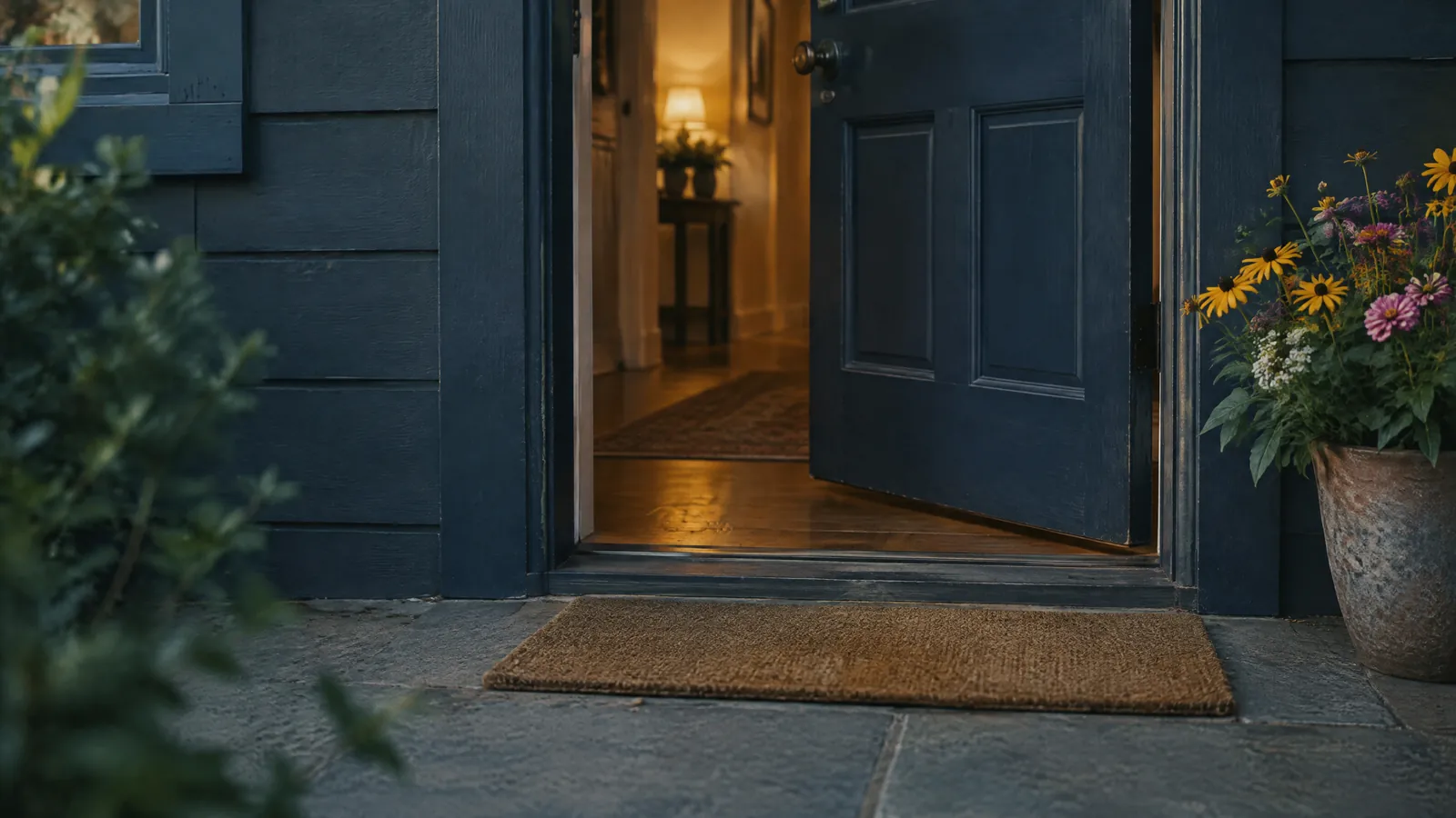Open front door of a house at dusk, doormat and potted flowers on the step, warm light inside