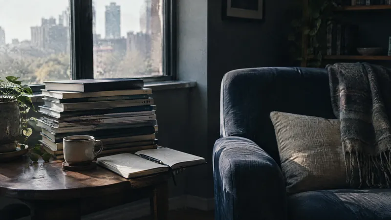 Stacked books, a mug and an open notebook on a window table beside a velvet armchair