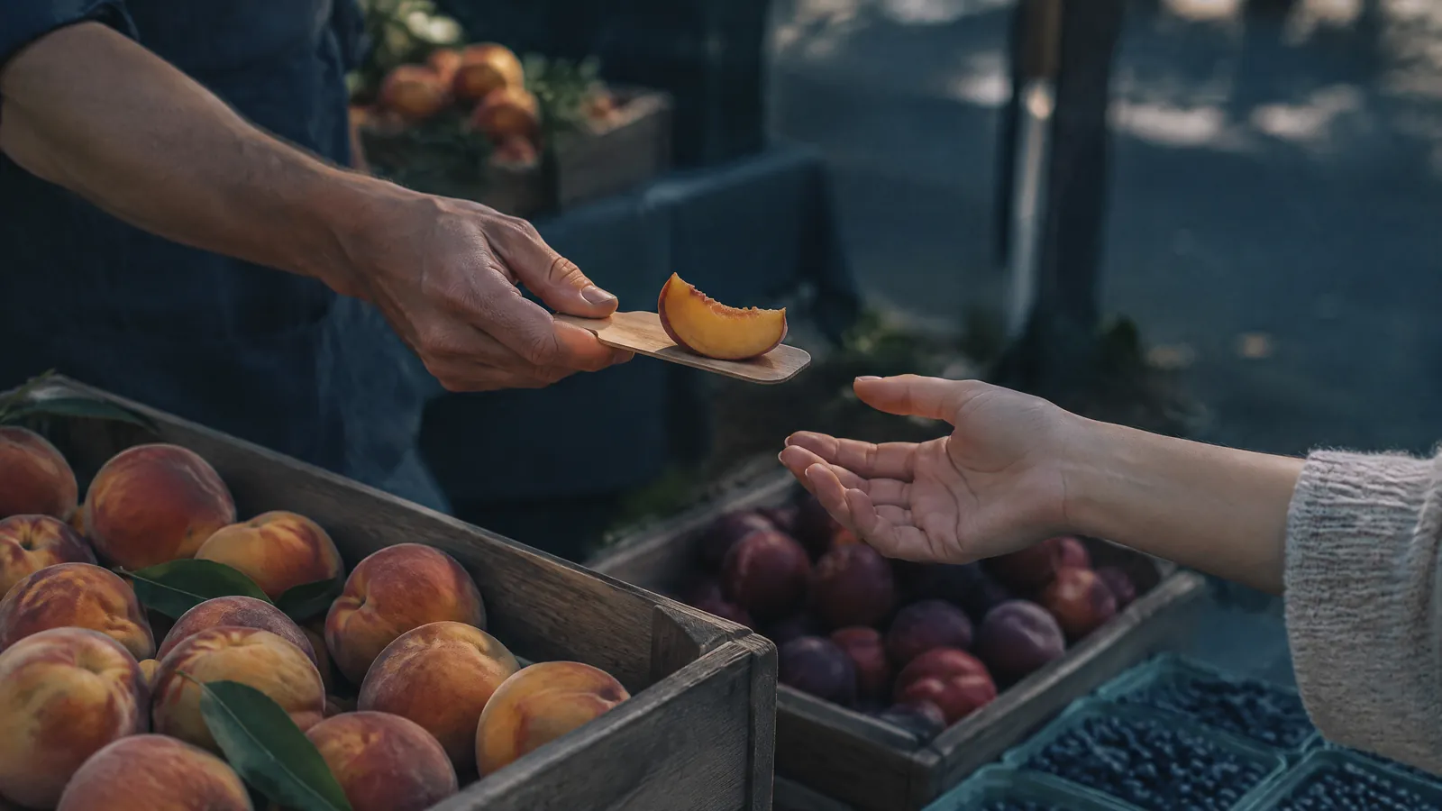 Two hands passing a slice of peach across crates of peaches and plums at a market stall
