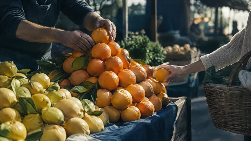 Market trader in an apron stacking oranges and lemons as a customer reaches for one