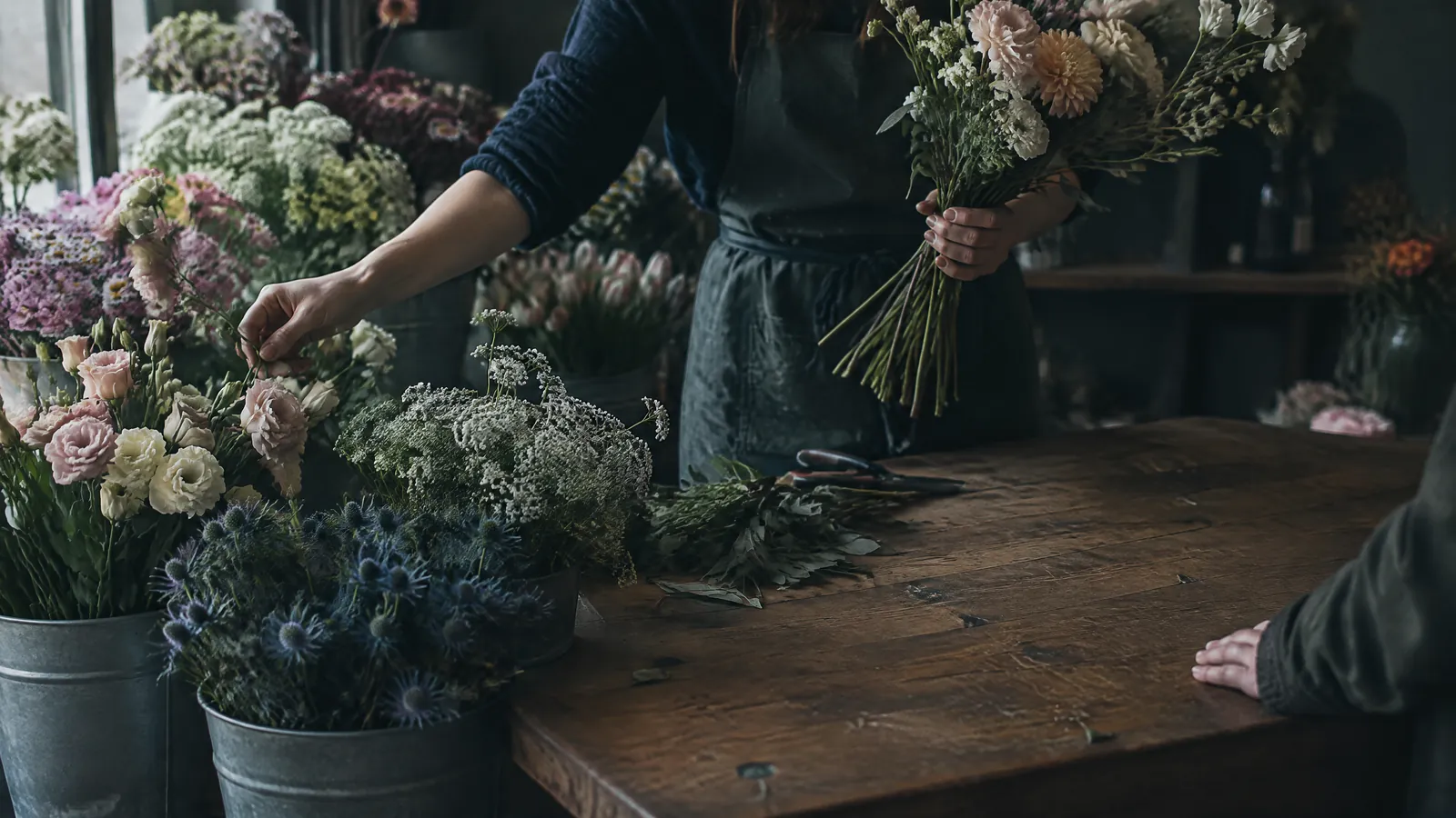 Florist in an apron gathering a bouquet at a workbench surrounded by buckets of flowers