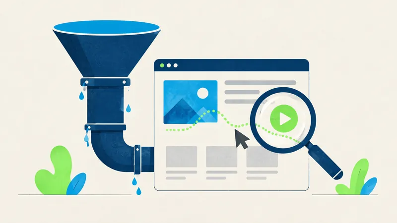 Illustration of a funnel pouring into a browser window with a magnifying glass over a play button