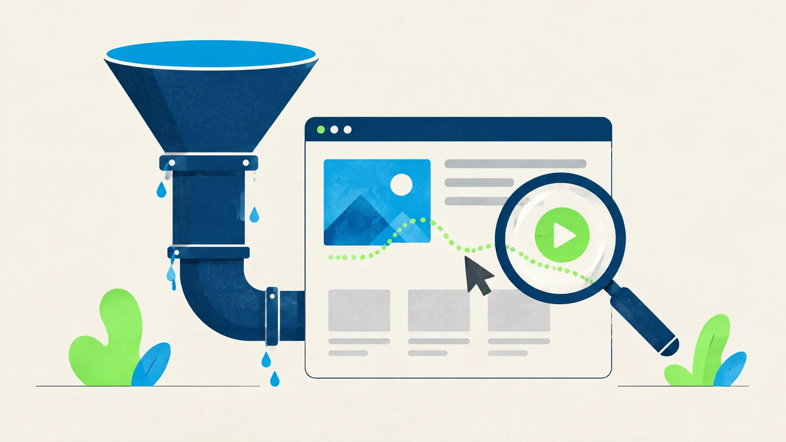 Illustration of a funnel pouring into a browser window with a magnifying glass over a play button
