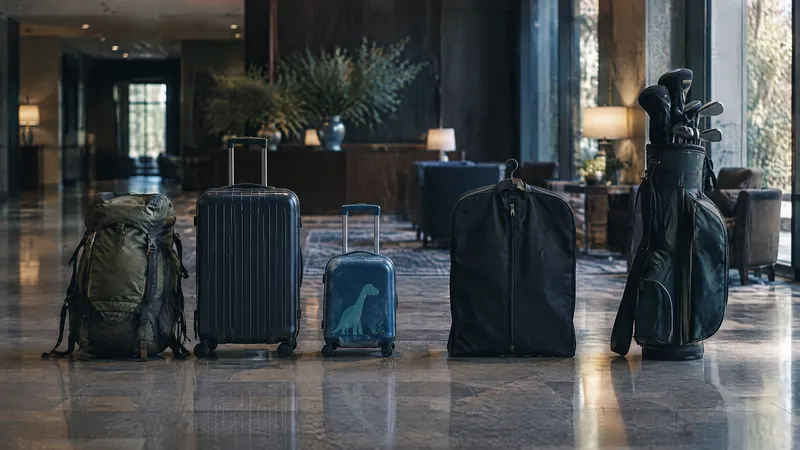 Backpack, suitcases and a golf bag lined up on the polished floor of a hotel lobby
