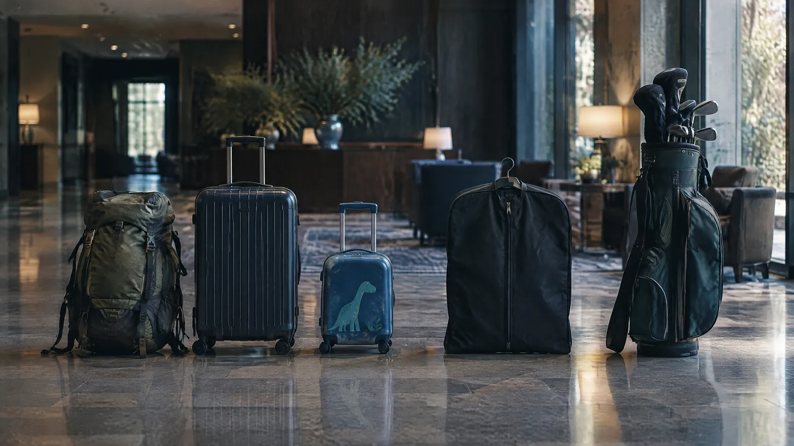 Backpack, suitcases and a golf bag lined up on the polished floor of a hotel lobby