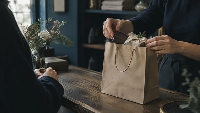 Shopkeeper passing a paper carrier bag across a counter to a customer