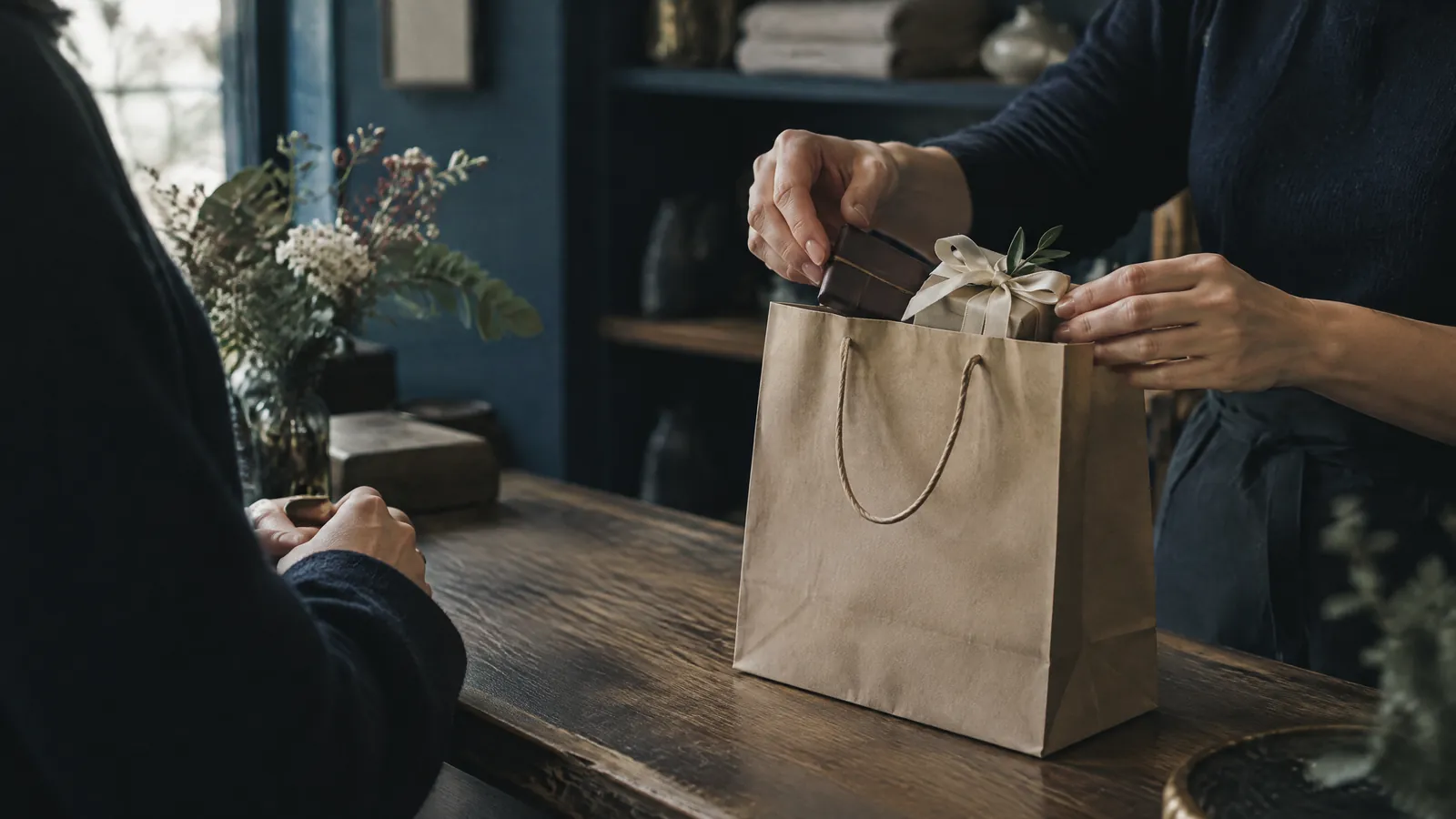 Shopkeeper passing a paper carrier bag across a counter to a customer