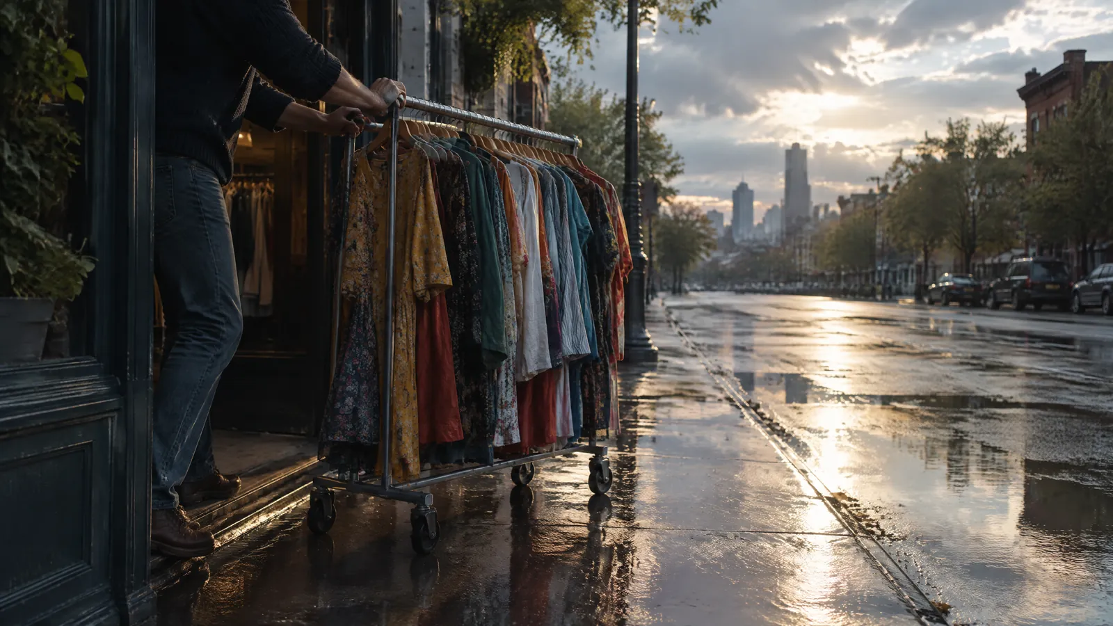 Rail of clothing being wheeled out of a shop doorway onto a wet street at dusk