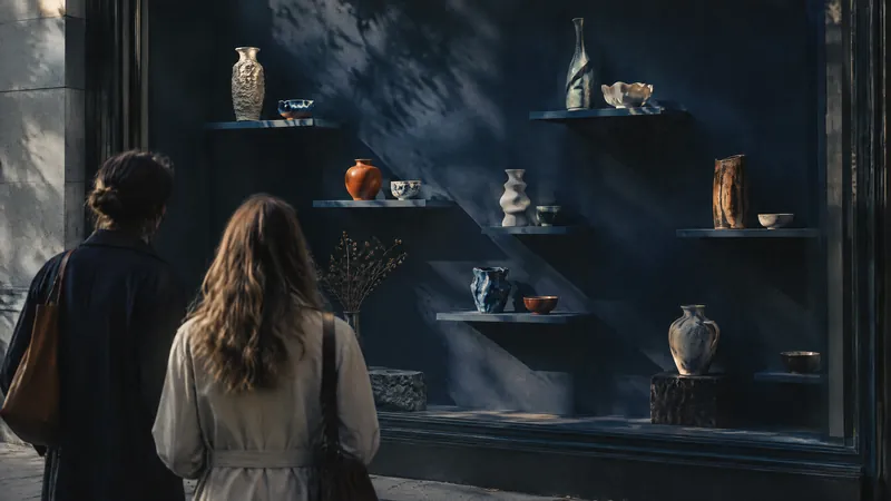 Two people looking into a lit shop window of ceramics and homeware