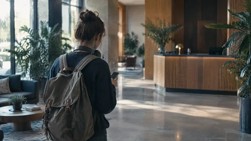 Traveller with a backpack checking a phone in a bright hotel lobby near reception