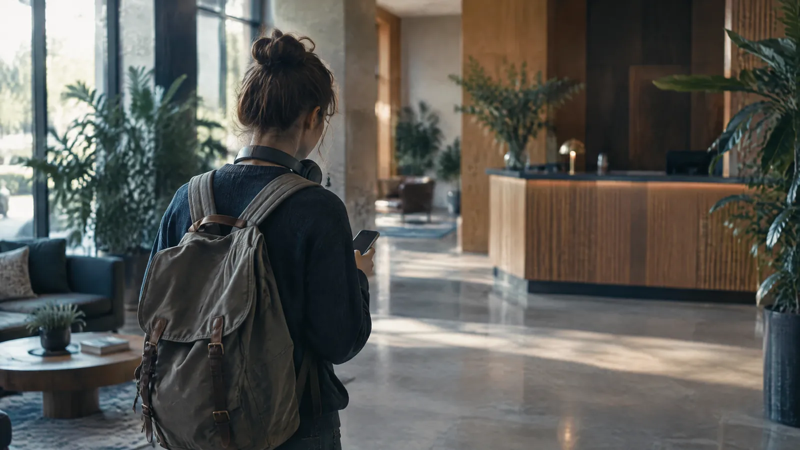 Traveller with a backpack checking a phone in a bright hotel lobby near reception