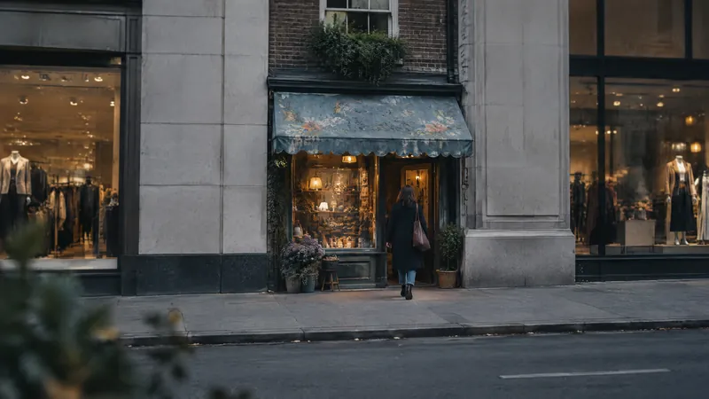 Lit shop front with an awning and window displays on a city street at dusk