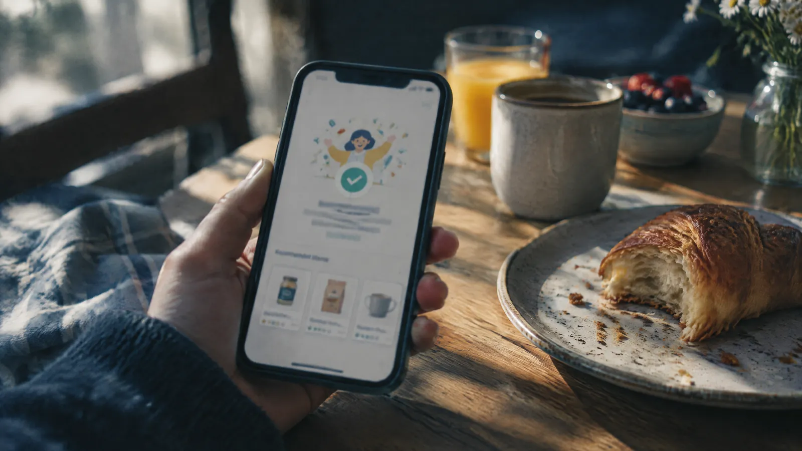 Hand holding a phone showing an order screen beside a croissant, juice and coffee