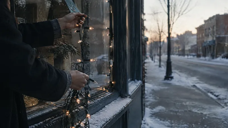 Person hanging string lights in a shop window above a snowy street