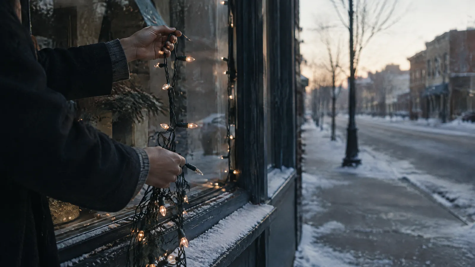 Person hanging string lights in a shop window above a snowy street