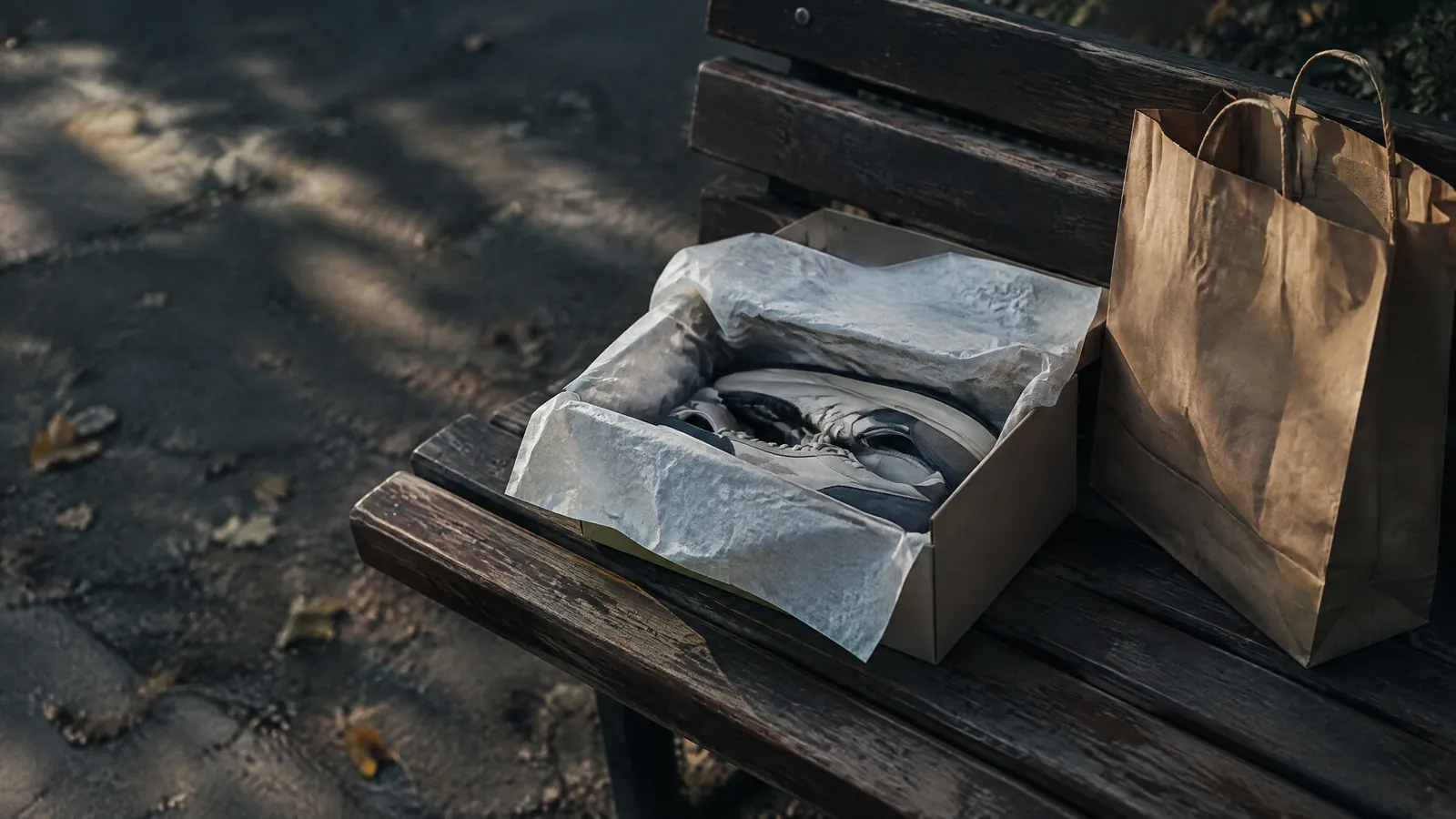 Opened parcel and a paper bag left on a weathered wooden bench outdoors
