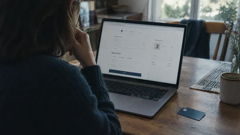 Person filling in an online form on a laptop at a wooden table, coffee beside them
