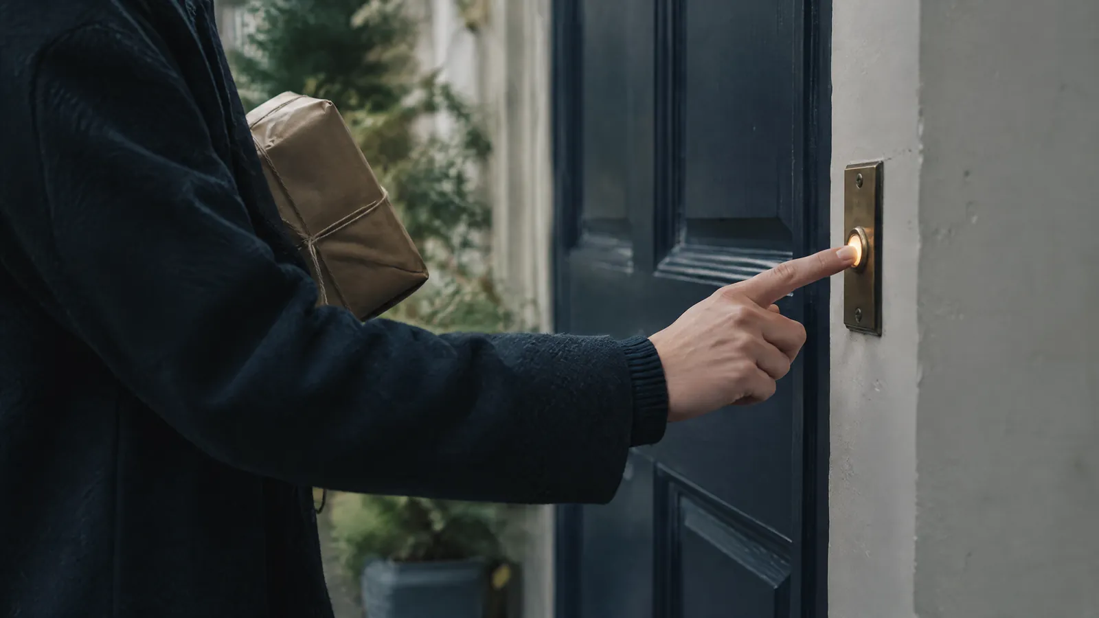 Person holding a parcel pressing the doorbell beside a dark front door