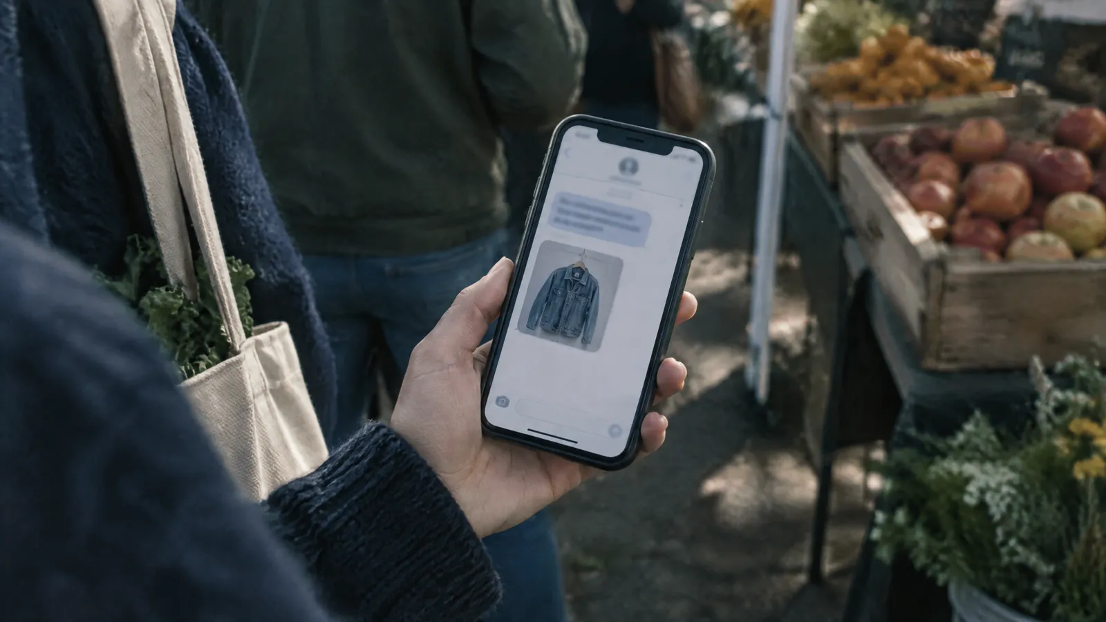 Hand holding a phone at a market stall, tote bag and crates of apples behind