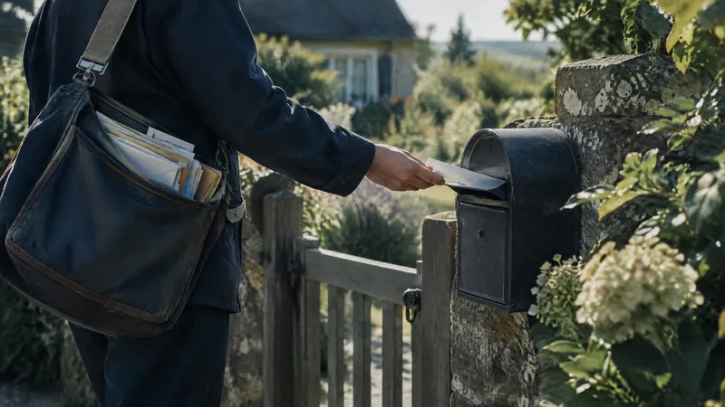 Person with a shoulder bag posting letters into a roadside mailbox beside hydrangeas