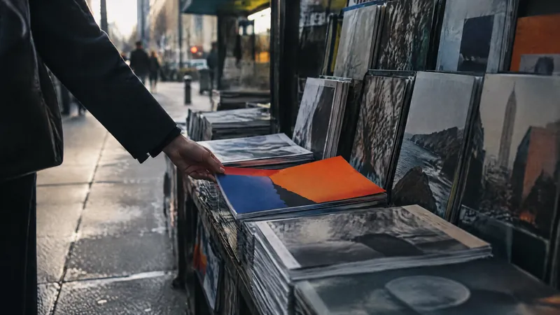 Hand reaching into racks of prints at an outdoor street stall
