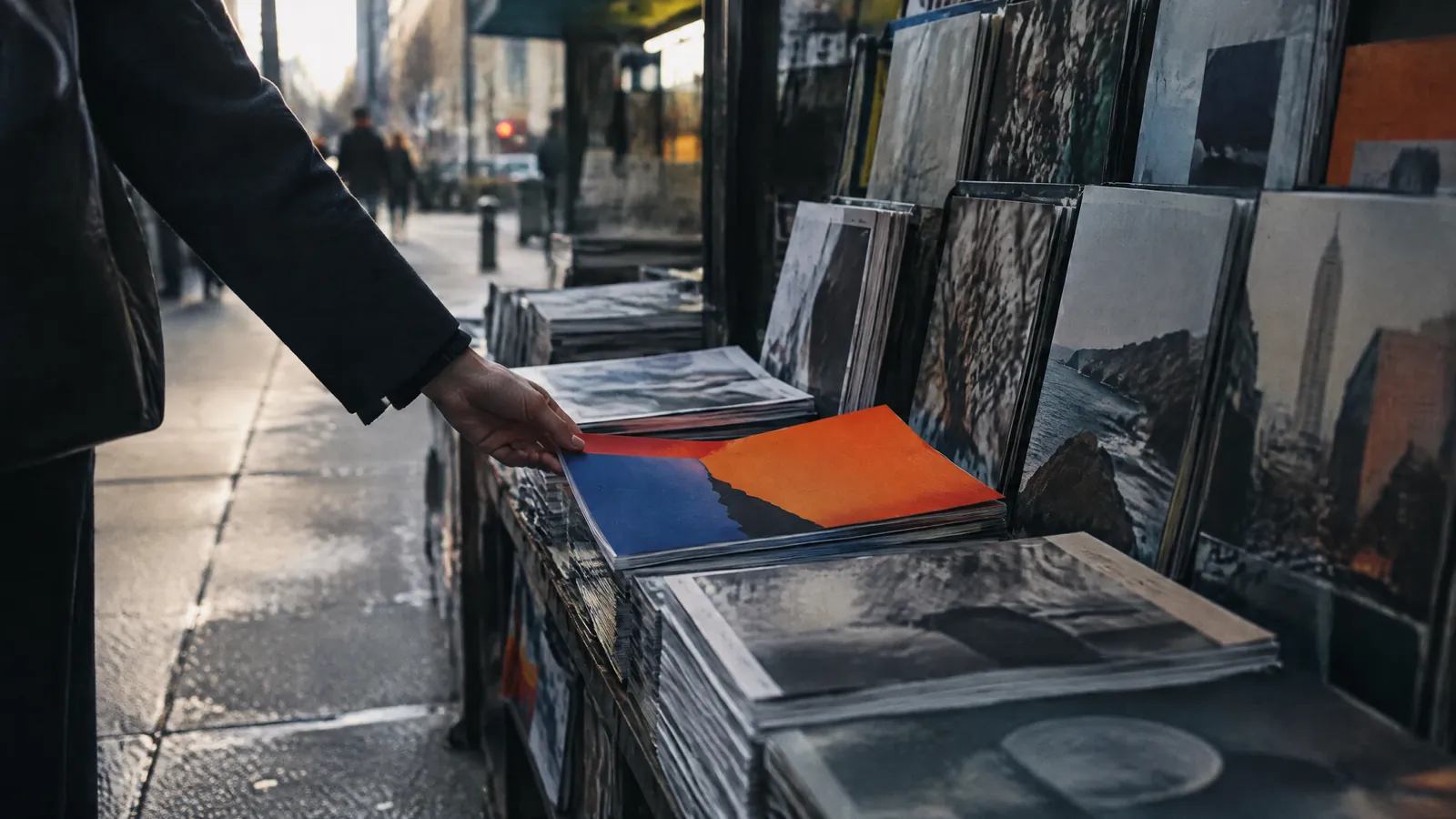 Hand reaching into racks of prints at an outdoor street stall