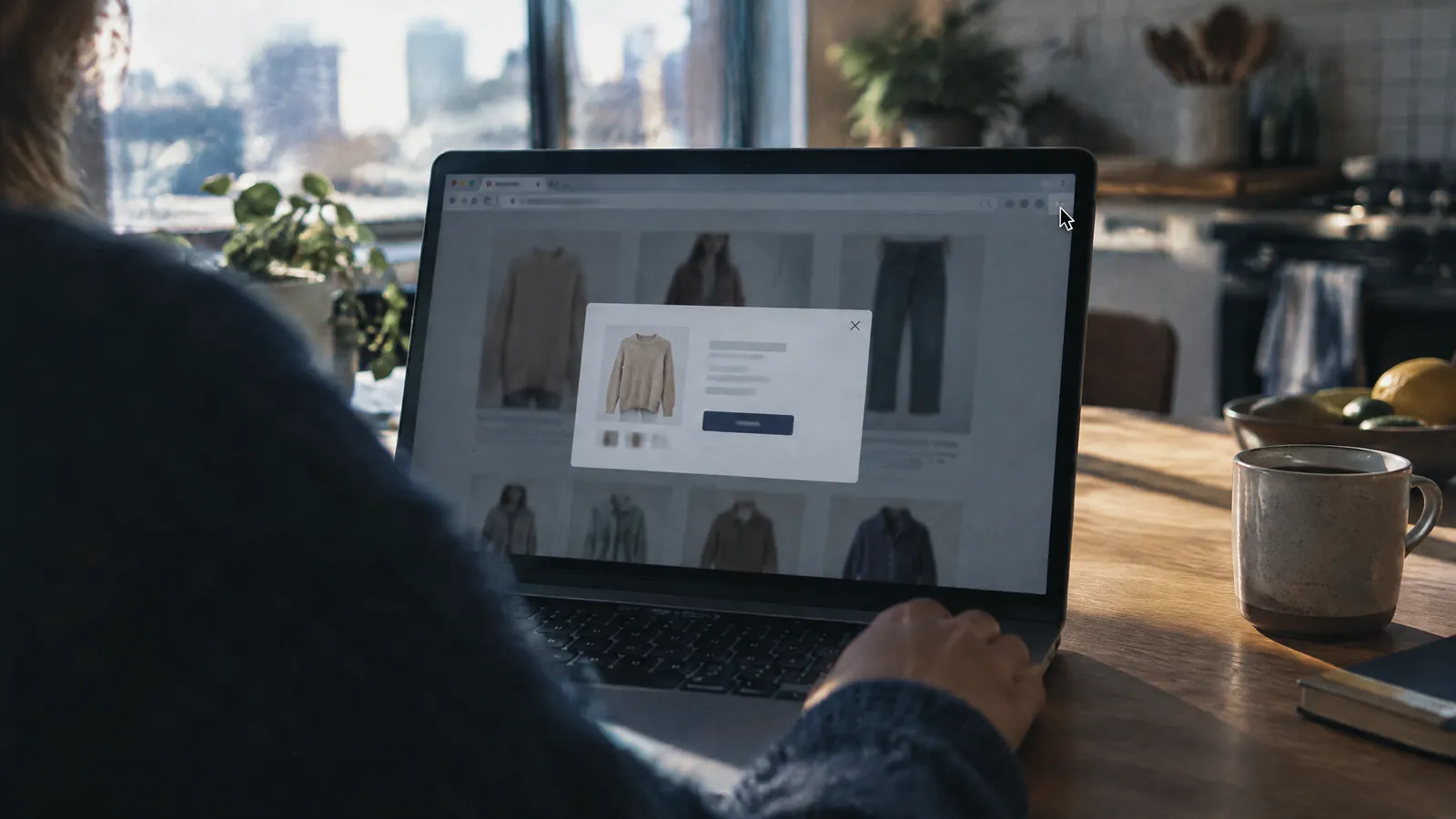 Person browsing a clothing site on a laptop, city rooftops through the window