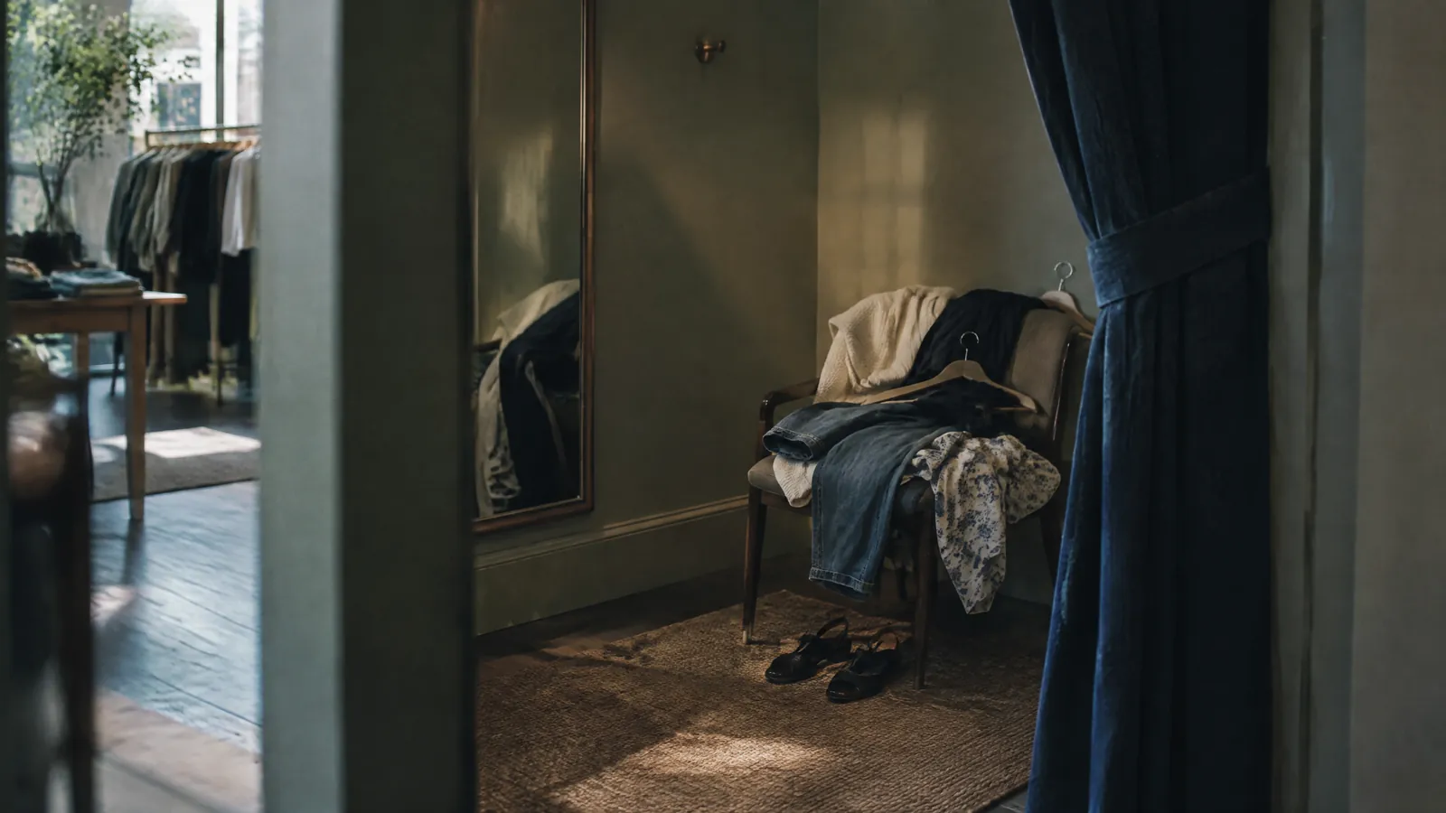 Fitting room doorway with a mirror, a chair of draped clothes and shoes on the floor