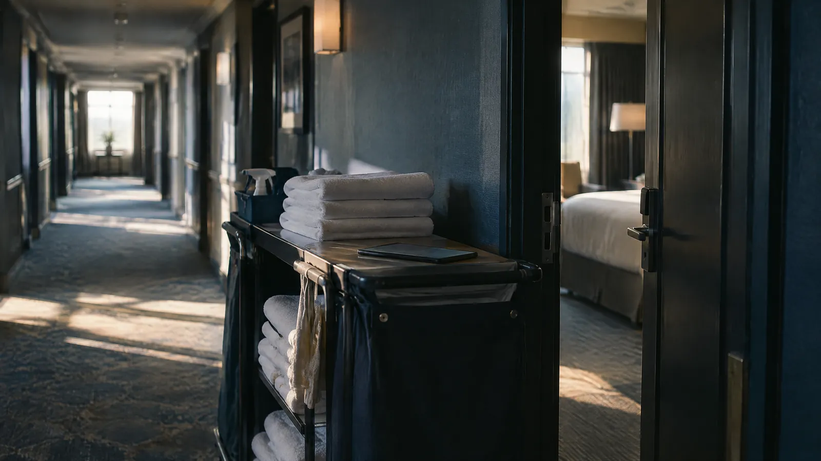 Housekeeping trolley stacked with folded towels in a dim hotel corridor