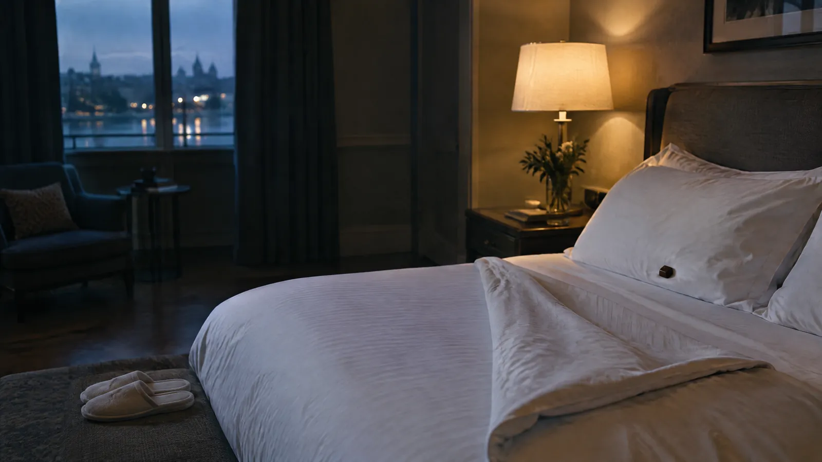 Hotel bedroom at dusk with white bedding, slippers on the rug and a lit lamp