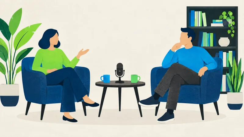 Illustration of two people talking in armchairs with a microphone between them