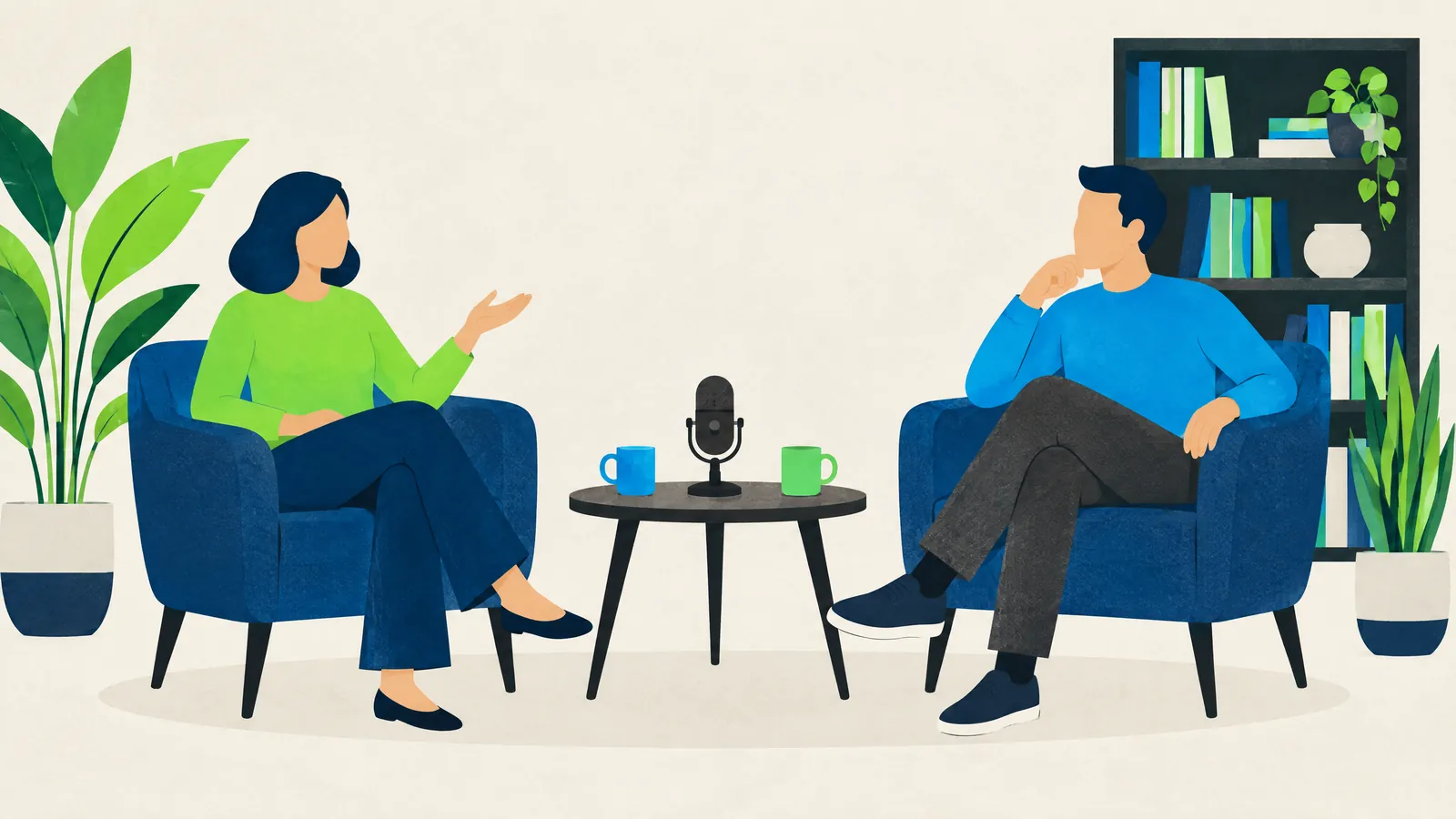Illustration of two people talking in armchairs with a microphone between them