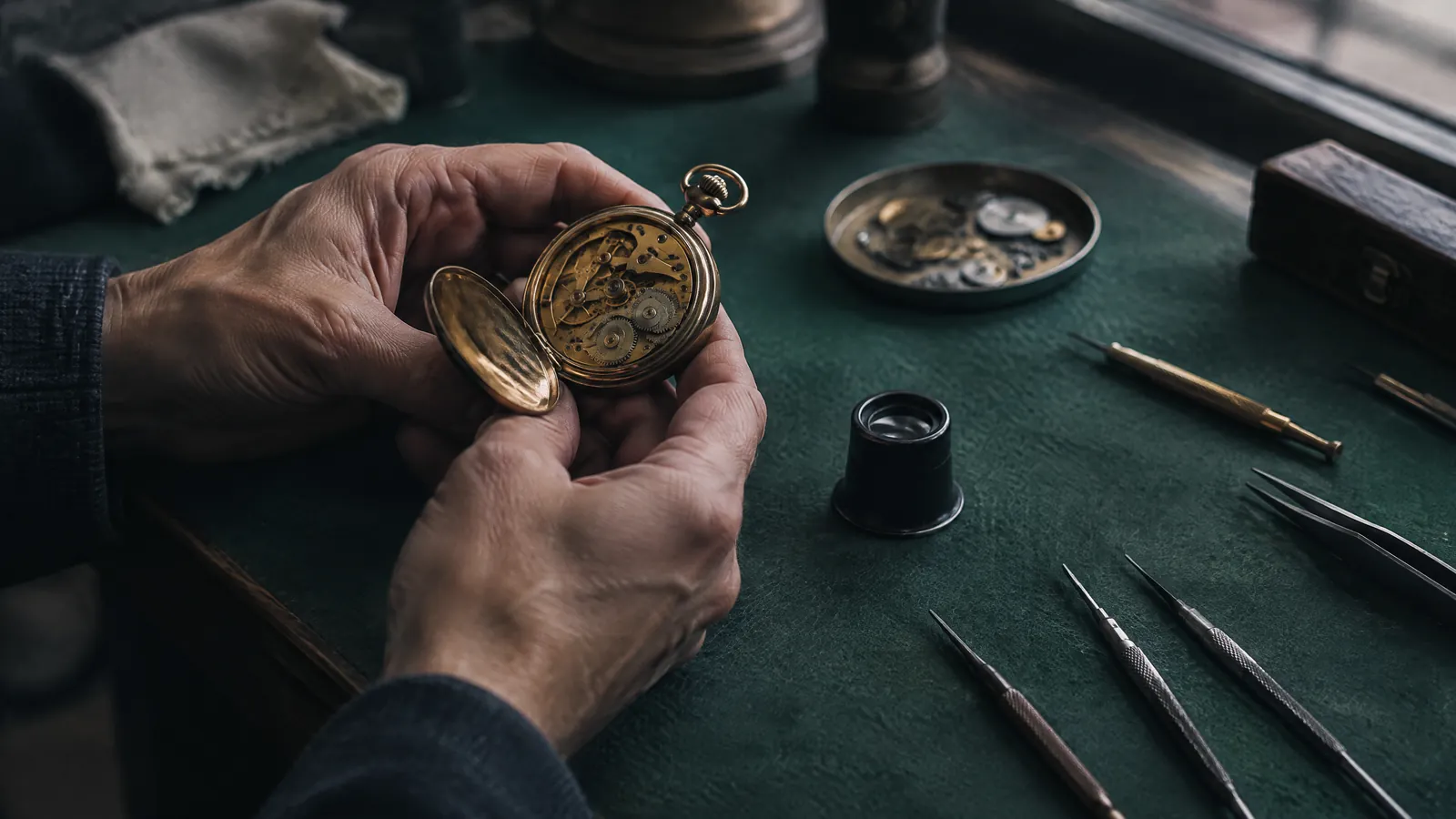 Hands holding an open pocket watch at a workbench laid with watchmaker's tools