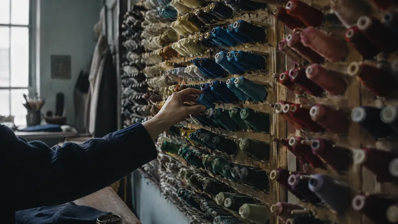 Hand reaching for spools of thread on a wall rack in a studio