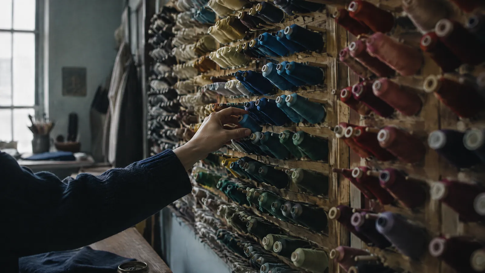 Hand reaching for spools of thread on a wall rack in a studio