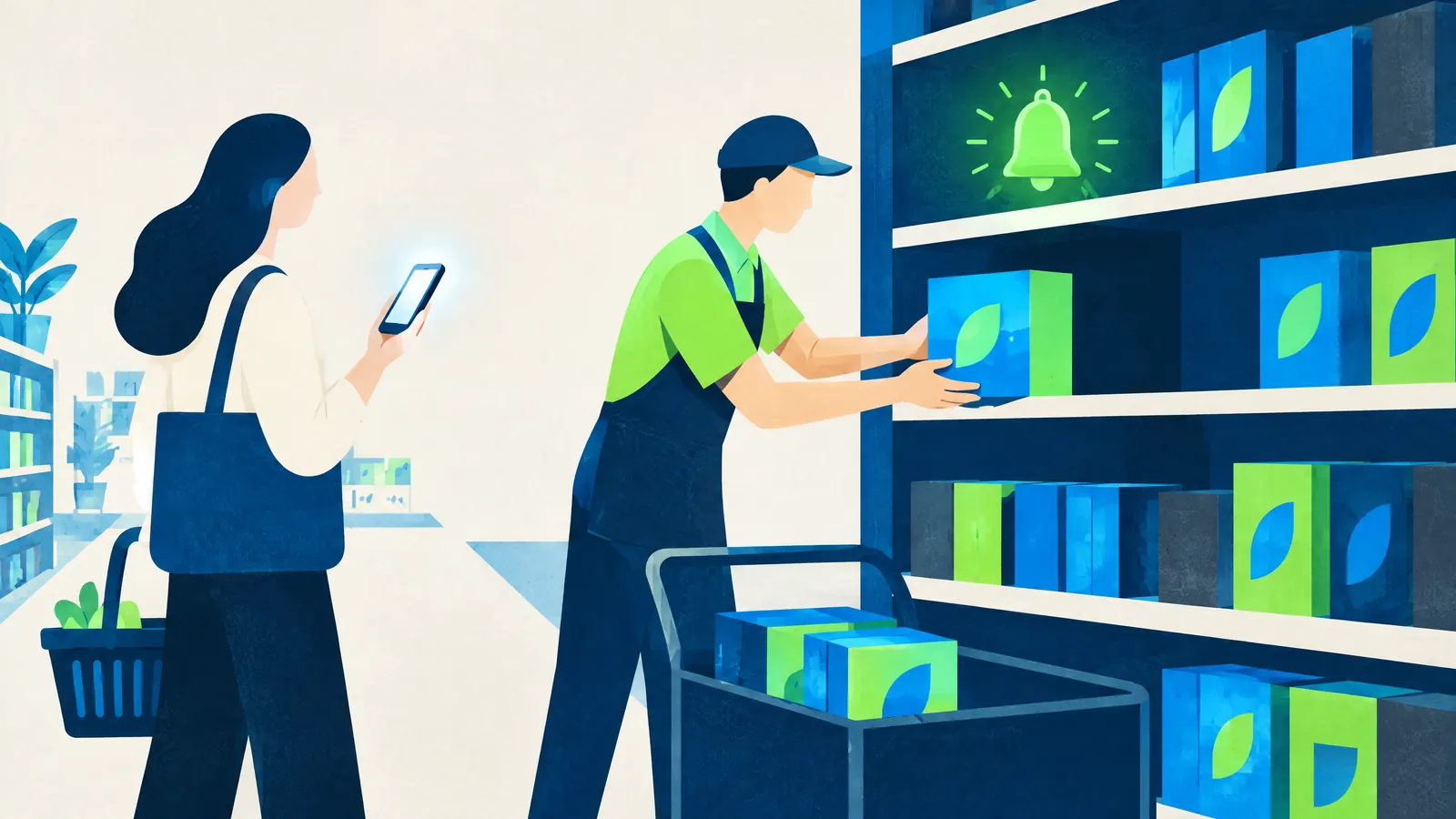 Illustration of shoppers with phones and baskets while staff restock shelves