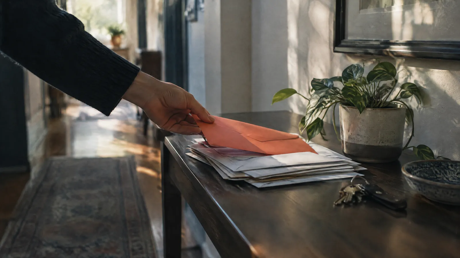 Hand setting an orange envelope on a hall table beside a plant and stacked post