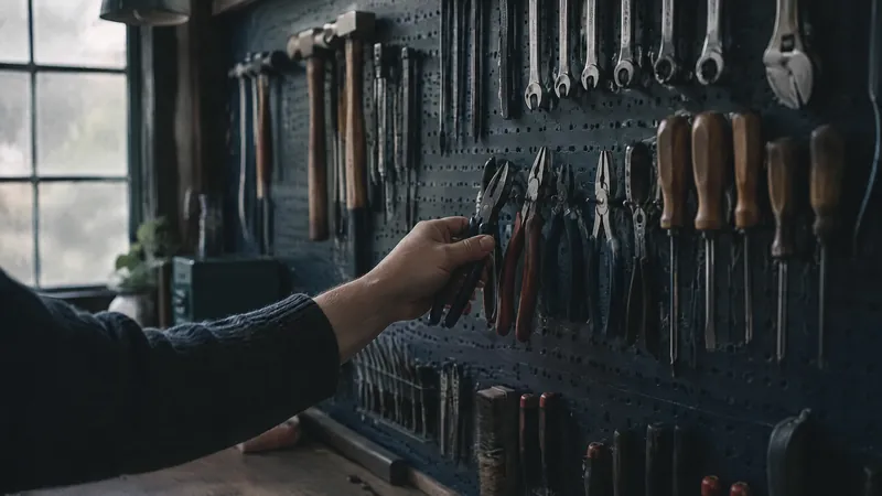 Hand reaching for tools hung on a pegboard wall in a workshop