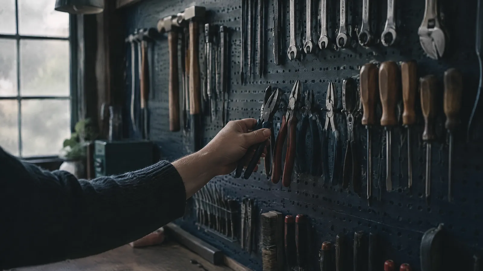 Hand reaching for tools hung on a pegboard wall in a workshop