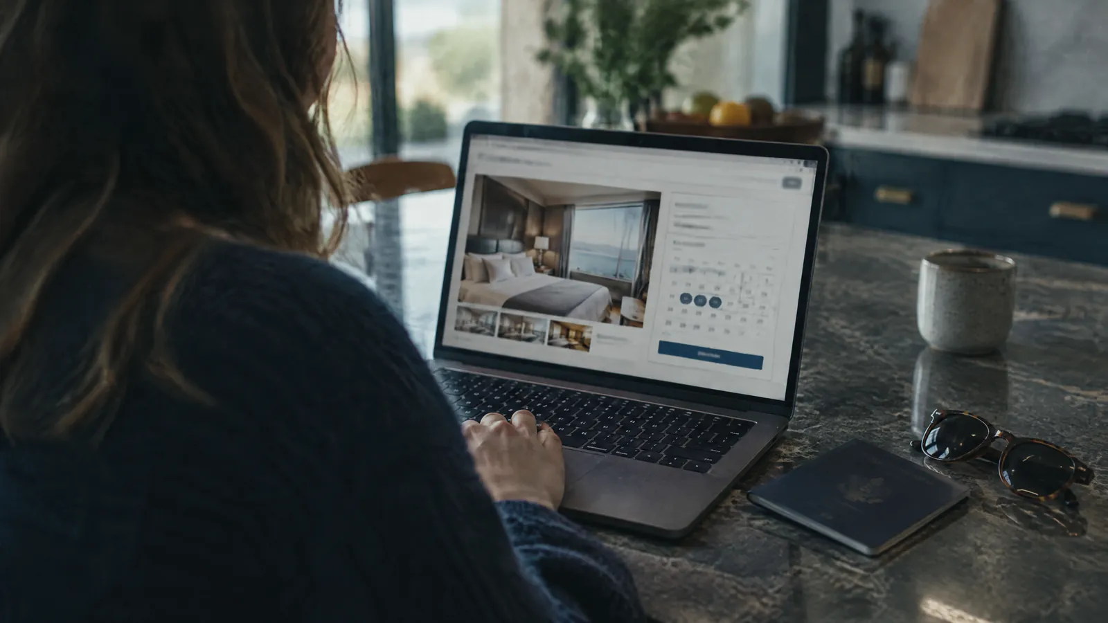 Person browsing hotel rooms on a laptop at a kitchen counter