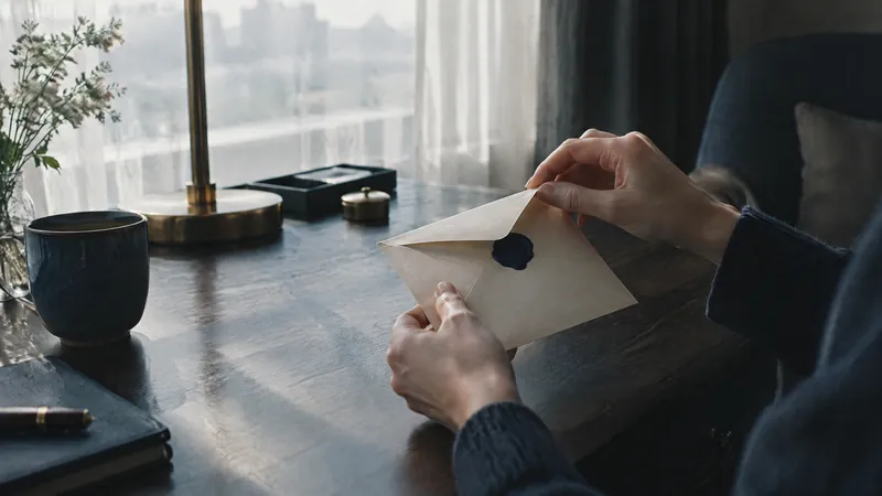 Hands opening a wax-sealed envelope at a desk beside a window