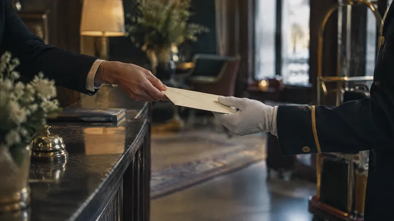 Hand passing an envelope across a polished counter
