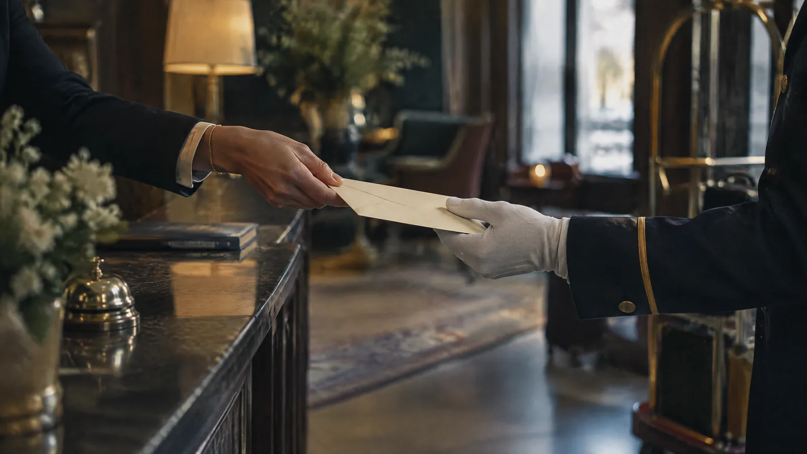 Hand passing an envelope across a polished counter