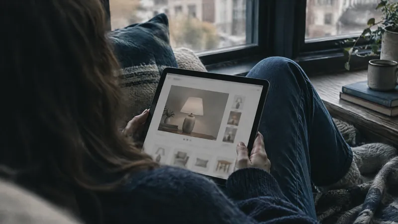 Person browsing furniture on a tablet, curled up by a window with a blanket