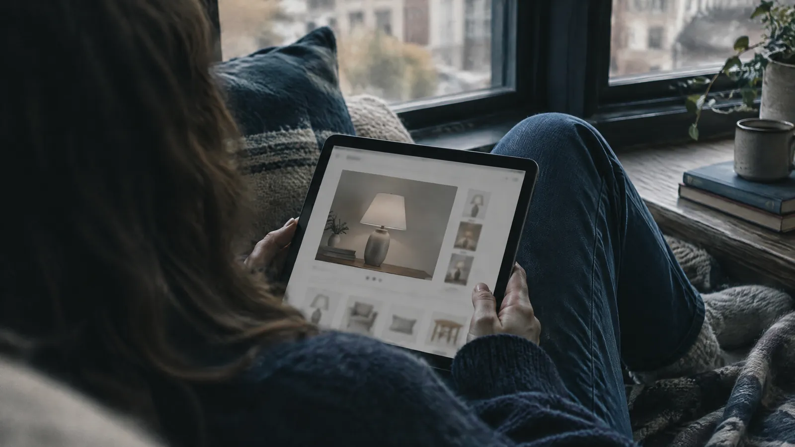 Person browsing furniture on a tablet, curled up by a window with a blanket