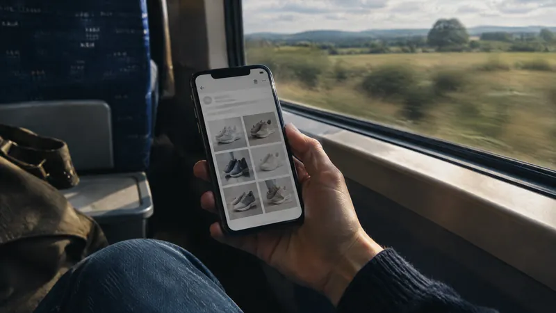 Hands holding a phone showing a shopping grid on a train beside a countryside window