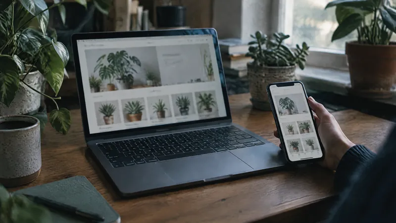 Laptop and phone showing a plant shop, on a windowsill surrounded by houseplants